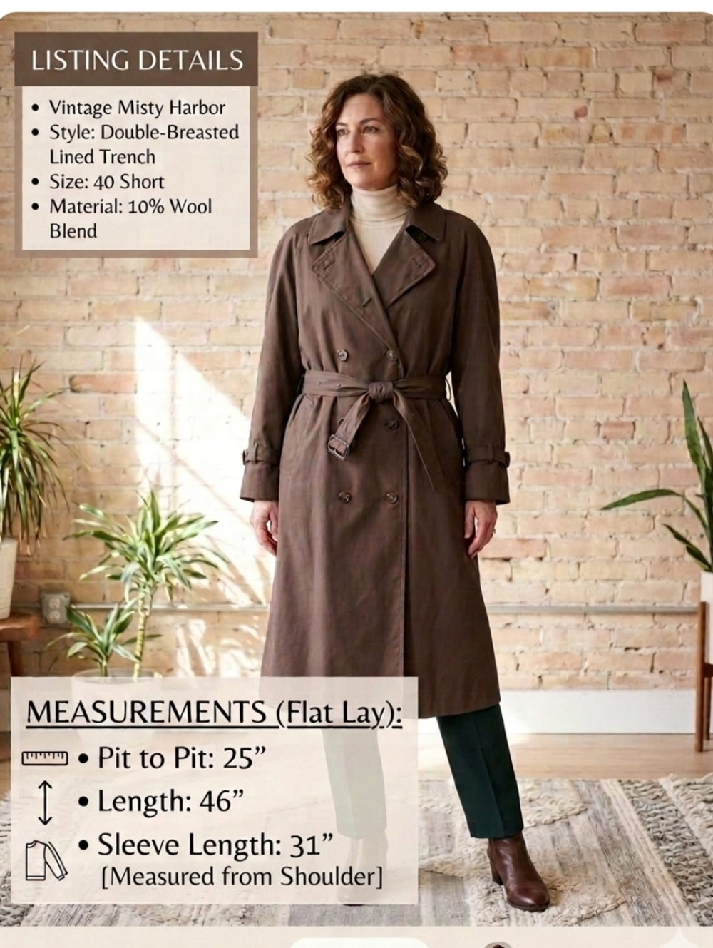 Vintage 1980s Misty Harbor Double Breasted Wool Blend Trench Coat Brown 40S - Picture 2 of 15